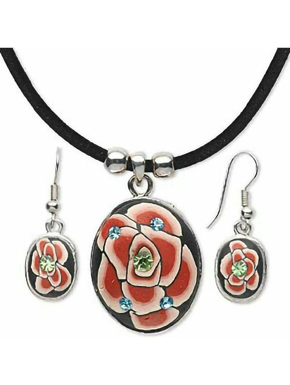 Red Black Polymer Clay Roses Silver Black Velvet Necklace Earrings Set